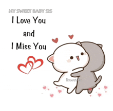 a cartoon of a cat hugging another cat with the words i love you and i miss you