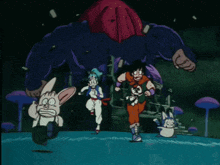 a group of cartoon characters are running in front of a monster with chinese writing on the bottom