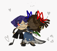 a cartoon drawing of two girls hugging with hearts surrounding them
