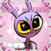 a cartoon character says good morning with a bunny giving a thumbs up