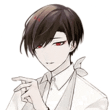 a boy with red eyes is wearing a white suit and tie and pointing .