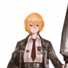 a girl with blonde hair and a tie is holding a sword .