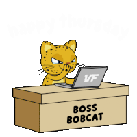 a cartoon of a leopard sitting at a desk with papers and a laptop that says boss bobcat
