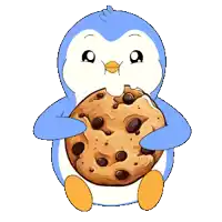 a penguin is holding a cookie with chocolate chips in its mouth
