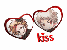 a couple of hearts with the word kiss below them