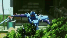 a cartoon character in a blue and purple suit is holding a sword and standing in a bush .