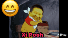 a cartoon of a man named xi pooh holding a jar of honey