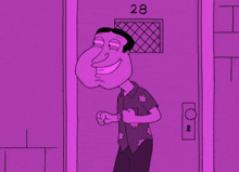 a cartoon character is standing in front of a door that says 28 on it