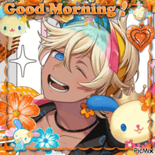a picture of a boy with flowers and the words good morning on it