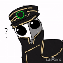 a drawing of a person wearing a hat with a green circle on it and a question mark