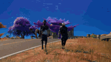 two men are walking down a desert road with purple trees in the background