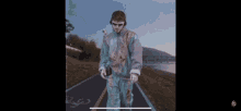 a man is walking down a road with a bicycle lane