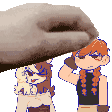 a pixel art drawing of a dog and a woman standing next to each other .