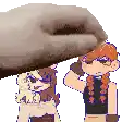 a pixel art drawing of a dog and a woman standing next to each other .