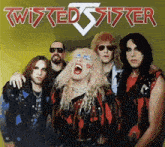 a group of twisted sister standing next to each other on a yellow background