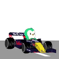 a cartoon of a penguin in a red bull race car