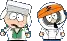 a pixel art of a man and a boy from south park standing next to each other on a white background .