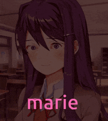 a purple haired anime girl with the name marie written in pink