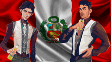 two men are standing in front of a flag and one is holding a can of soda