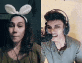 a woman wearing bunny ears and a boy wearing headphones