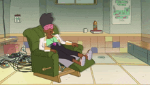 a cartoon of a woman laying in a chair with a poster on the wall that says atomic theory