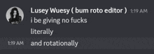 a screenshot of a discord conversation between luseyi wuesy and bum roto editor