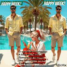a man and a woman are standing next to a pool and the words happy week are on the bottom