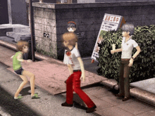 a group of people standing on a sidewalk in front of a sign that has chinese characters on it