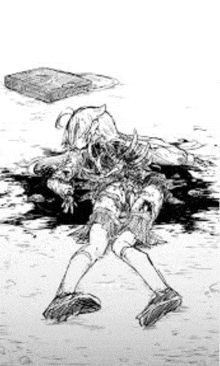 a black and white drawing of a girl laying on the ground with blood coming out of her mouth .