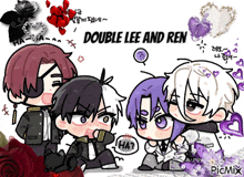 a cartoon drawing of double lee and ren with hearts and roses