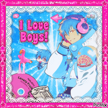 a picture of a boy with headphones and the words " i love boys " on it