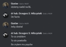 a screenshot of a text conversation between gustav and dr hab. grzegorz s. wilczynski