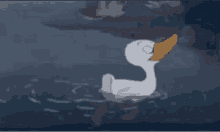 a cartoon duck is swimming in a lake with its eyes closed .