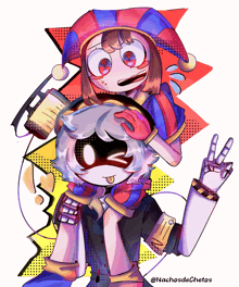 a drawing of a jester and a girl with the name nachosdechetos on the bottom right