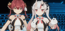 two anime girls are standing next to each other and one has horns on her head