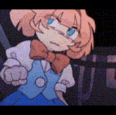 a cartoon girl with pink hair and blue eyes is wearing a bow tie