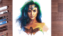 a drawing of wonder woman with blue hair and a crown on her head