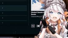 a girl with white hair and blue eyes is smiling in front of a screen that says shubert sonata rondo classical music