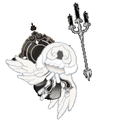 a black and white drawing of an angel with wings and a trident