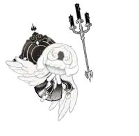 a black and white drawing of an angel with wings and a trident