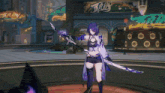 a girl with purple hair is holding a sword in front of a building that says 3th