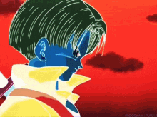 a drawing of a man with a blue face and a yellow jacket
