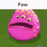 a pink monster with yellow eyes is standing on a green field .