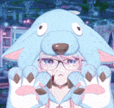 a cartoon girl wearing glasses and a blue hat