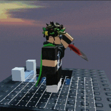 a person in a minecraft video game is standing on a keyboard holding a sword .
