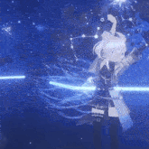a girl with white hair is standing in front of a constellation in the sky