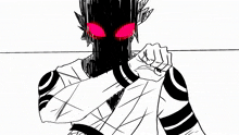 a black and white drawing of a monster with red eyes and yellow eyes
