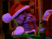 a cartoon character wearing a santa hat is talking on a cell phone