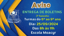 a blue and yellow banner with the words aviso entrega de boletins on it