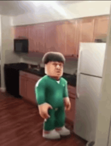 a cartoon character is standing in a kitchen next to a refrigerator and cabinets .